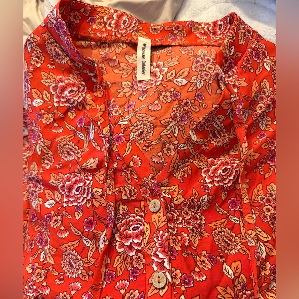 Bohemian Outsider Coral Red Floral Border Print Blouse - Picture 3 of 10